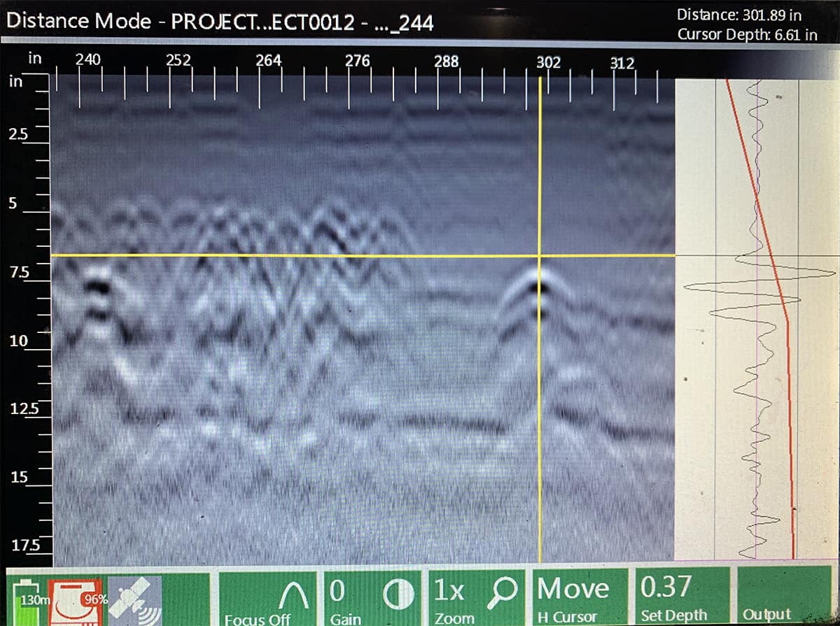 Actual GPR radargram scan output showing located targets in concrete